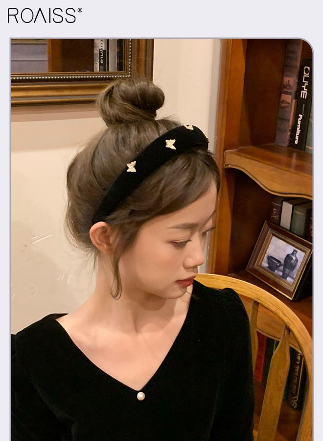 roaiss 3Pcs Hair Accessories for Women, Black Velvet Headband and Two Black Flocked Bow Hairpins Set Decorated with Rhinestone Butterfly Pattern - Image 5