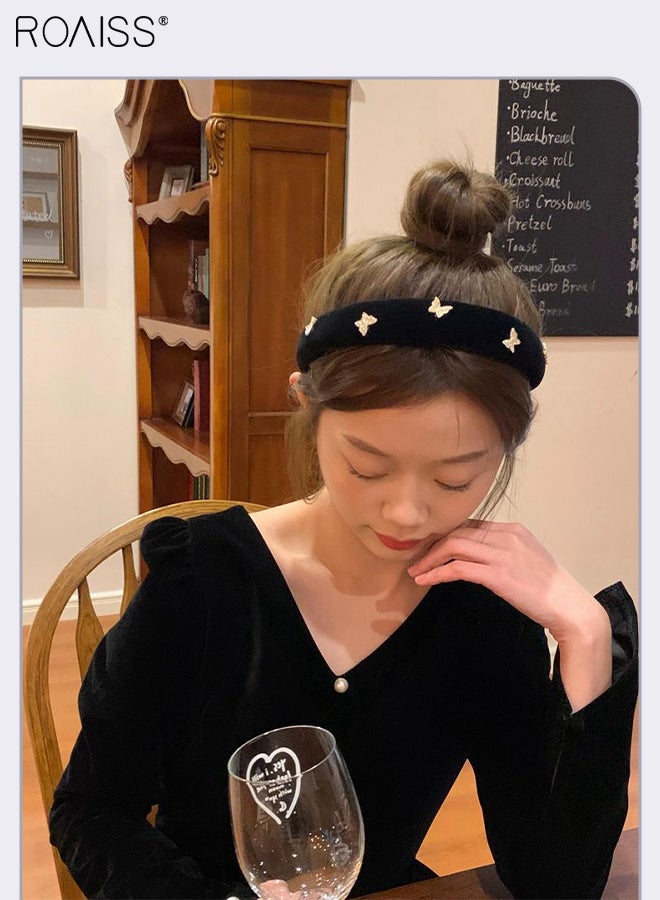 roaiss 3Pcs Hair Accessories for Women, Black Velvet Headband and Two Black Flocked Bow Hairpins Set Decorated with Rhinestone Butterfly Pattern - Image 2