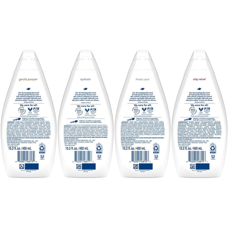 Dove Body Wash Variety 6-Pack - Hydrate, Gentle Pamper, Fresh Care, and Silky Velvet, 15.2 Oz Ea - Image 2