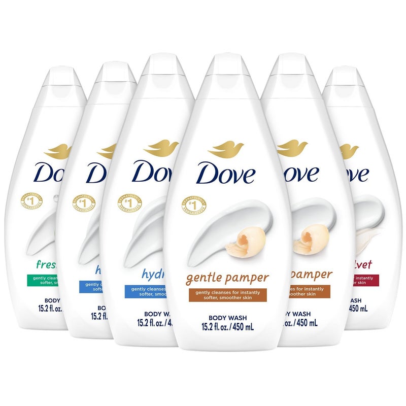 Dove Body Wash Variety 6-Pack - Hydrate, Gentle Pamper, Fresh Care, and Silky Velvet, 15.2 Oz Ea - Image 1