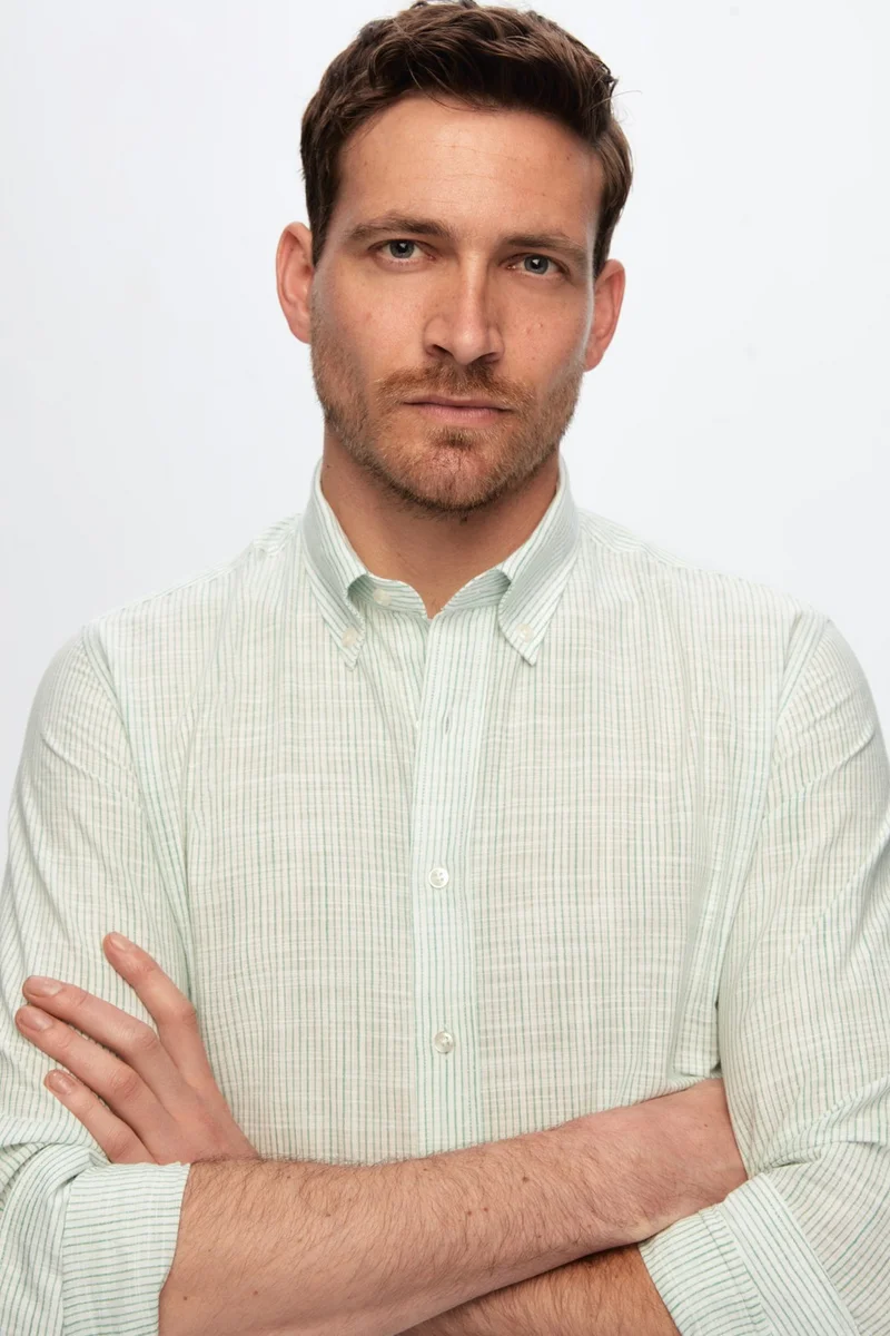 D'S DAMAT Slim Fit Green Thin Striped Button-down Collar 100% Cotton Flamed Summer Linen Look Shirt 0HC02ORT07265