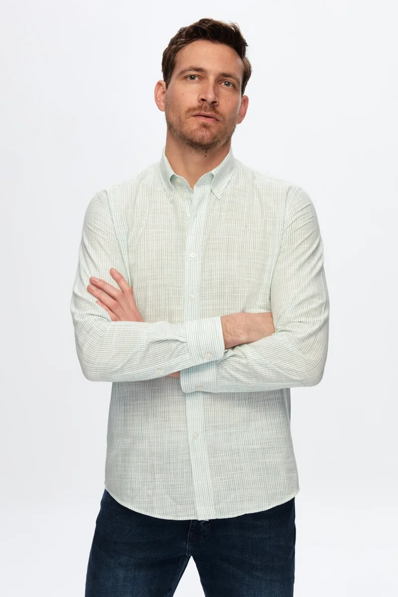 D'S DAMAT Slim Fit Green Thin Striped Button-down Collar 100% Cotton Flamed Summer Linen Look Shirt 0HC02ORT07265