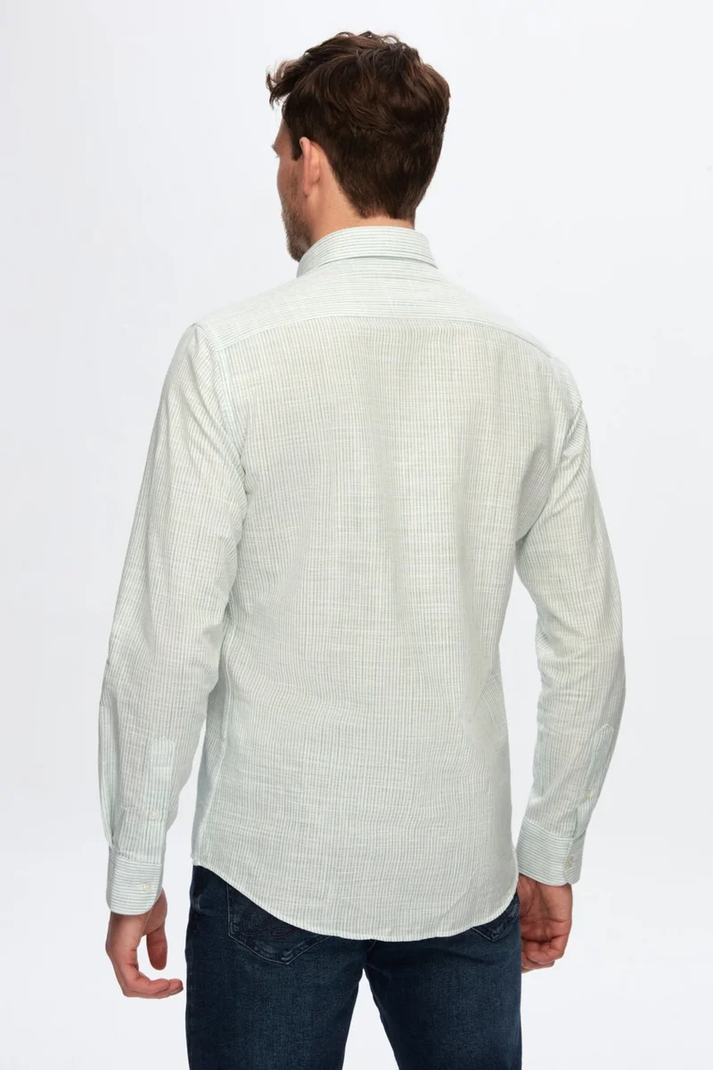 D'S DAMAT Slim Fit Green Thin Striped Button-down Collar 100% Cotton Flamed Summer Linen Look Shirt 0HC02ORT07265