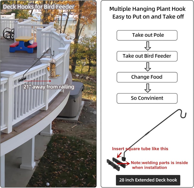 Monalife Deck Railing Plant Hanger Outdoor-Deck Hook Railing Mount，Metal Bird Feeder Hanger for Deck Railing,Fence Shepherds Hooks Pole Bracket for Hanging Hummingbird Feeder,Planter,Flower Baskets - Image 3