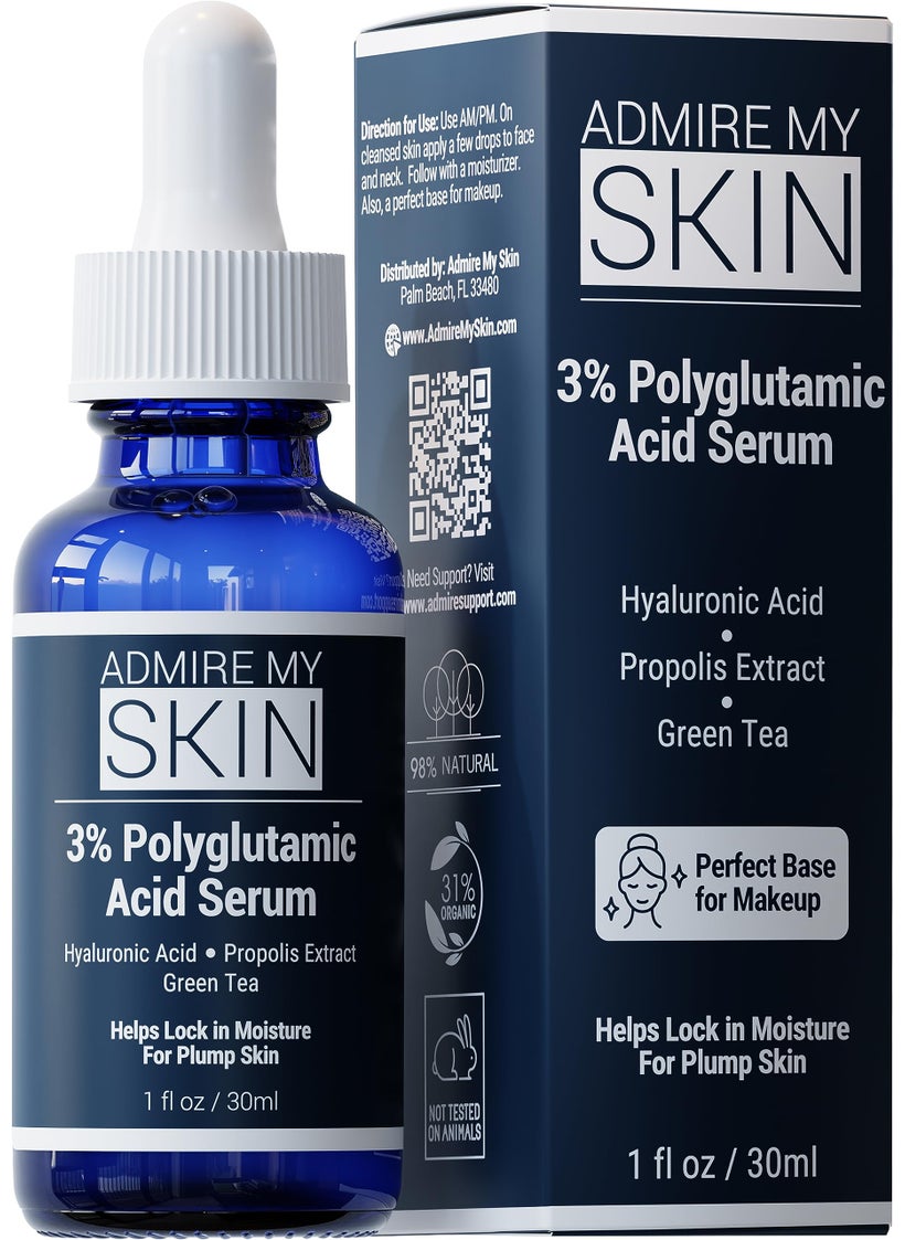 Admire My Skin - Admire My Skin Organic Polyglutamic Acid Facial Serum - Powerful Hydration & Anti Aging + Hyaluronic Acid + Propolis 1oz - Image 1