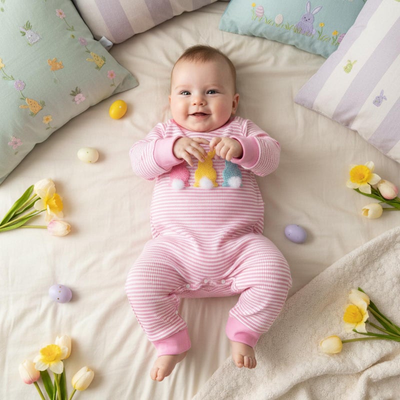 Rourufy Baby Girl Easter Outfit Newborn Waffle Knit Bunny Onesie Infant Rabbit Jumpsuit Long Sleeve Romper Spring Clothes (A Bunny Striped Pink, 0-3 Months) - Image 3
