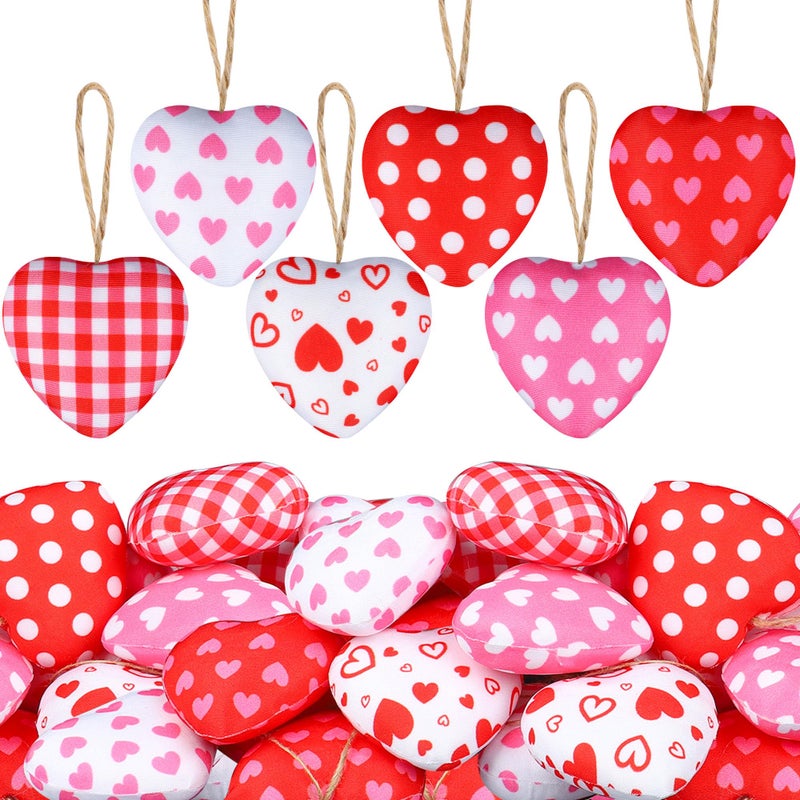 Maniaacer 30 Pieces Fabric Heart Hanging Ornaments Valentines Heart Shaped Ornaments Red Pink Hearts Fabric Hanging Decorations for Valentine's Day Tree Wedding Party DIY Crafts - Image 1