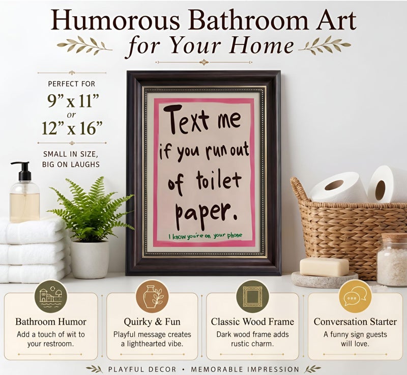 MHYIDUT Funny Bathroom Quotations Canvas Wall Art, Dark Brown Framed - Image 4