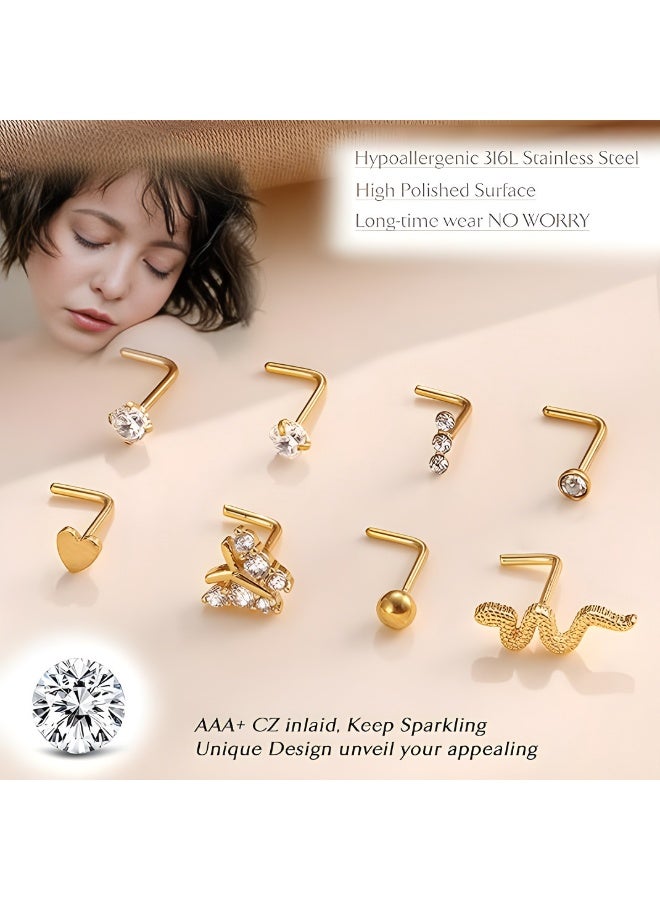 AuliceVerse 20Pcs 316L Stainless Steel Nose Rings Set – Hypoallergenic, Gold Plated Nose Studs & Hoops with AAA+ CZ Inlaid for Women, Surgical Steel Nose Piercing Jewelry for Everyday Wear - Image 2