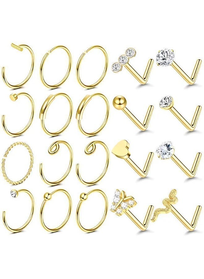 20Pcs 316L Stainless Steel Nose Rings Set – Hypoallergenic, Gold Plated Nose Studs & Hoops with AAA+ CZ Inlaid for Women, Surgical Steel Nose Piercing Jewelry for Everyday Wear