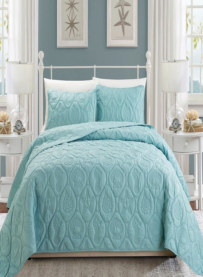 Grand Linen 3-Piece Tropical Coast Seashell Beach (California) Cal King Bedspread Spa Blue Coverlet Embossed Bed Cover Set. Sea Shells, Sea Horse, Starfish etc.