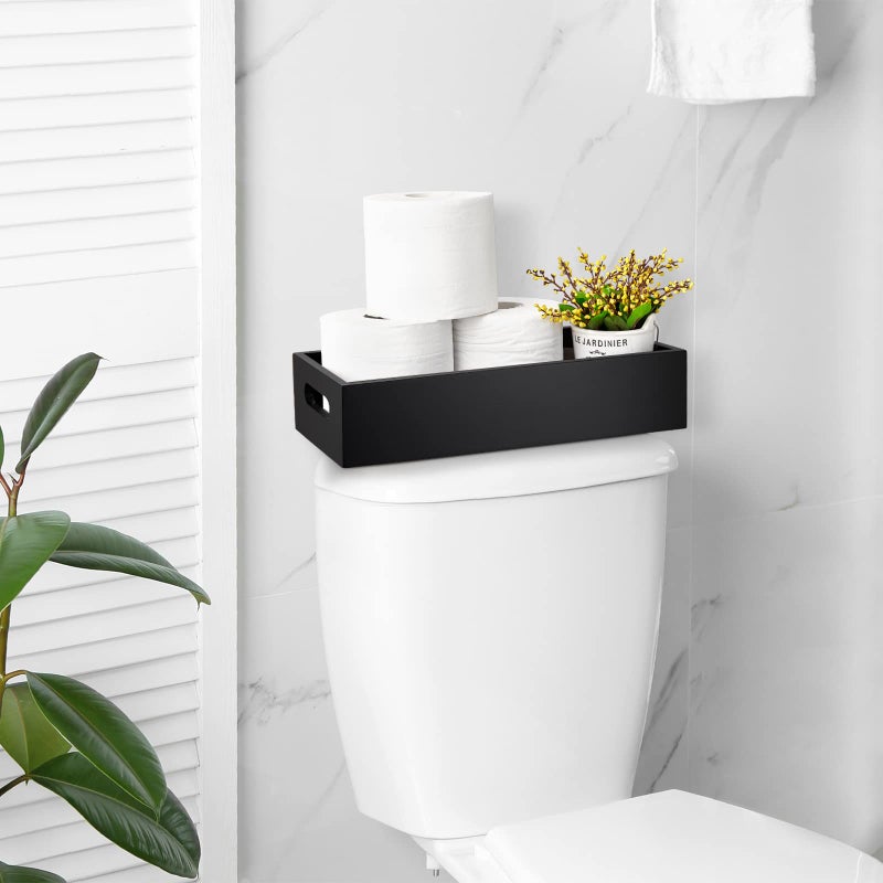 ALELION ALELION Black Bathroom Basket - Wooden Toilet Tank Paper Basket with Handle for Organizing - Back of Toilet Storage Organizer for Bathroom Tank Topper Counter - Black Bathroom Decor Box  - Image 2