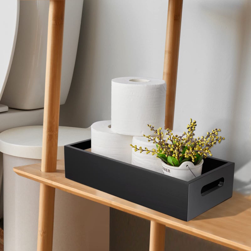 ALELION ALELION Black Bathroom Basket - Wooden Toilet Tank Paper Basket with Handle for Organizing - Back of Toilet Storage Organizer for Bathroom Tank Topper Counter - Black Bathroom Decor Box  - Image 3