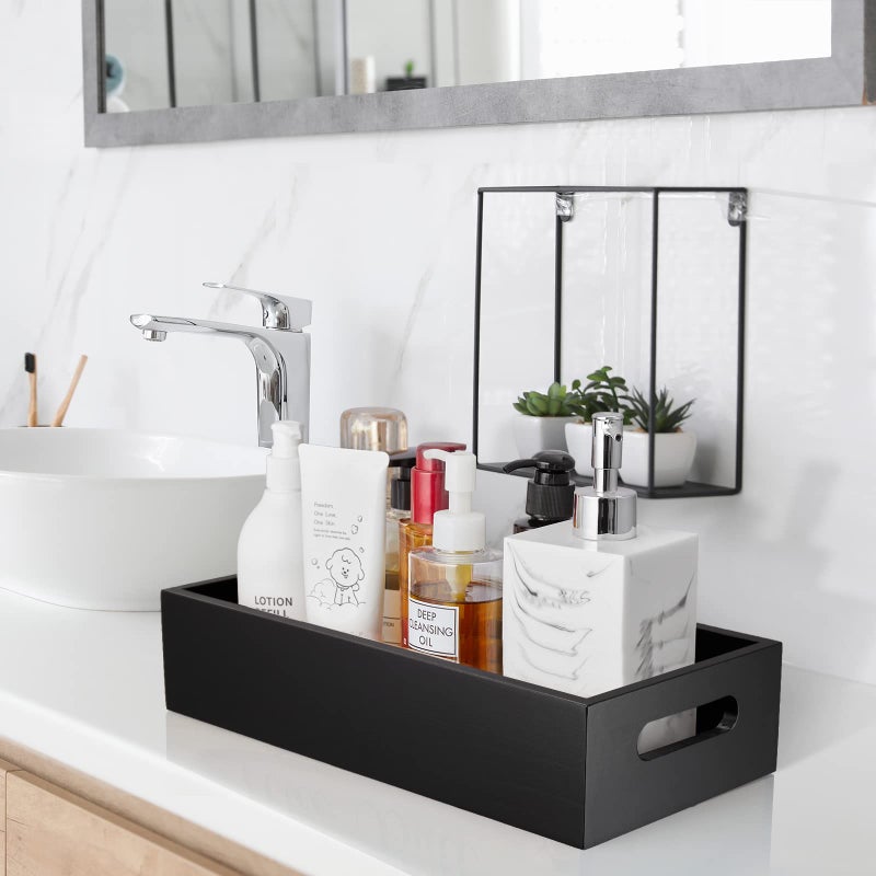 ALELION ALELION Black Bathroom Basket - Wooden Toilet Tank Paper Basket with Handle for Organizing - Back of Toilet Storage Organizer for Bathroom Tank Topper Counter - Black Bathroom Decor Box  - Image 5