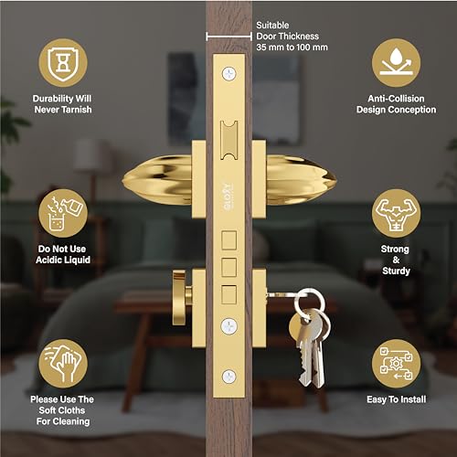 GLOXY Premium Zinc Gold Finish Mortise Lock Set for Main Door & Bedroom- Modern Door Lock Handle Set with 3 Brass Keys for Home, Office, Hotel - 2 Years Warranty - Image 2
