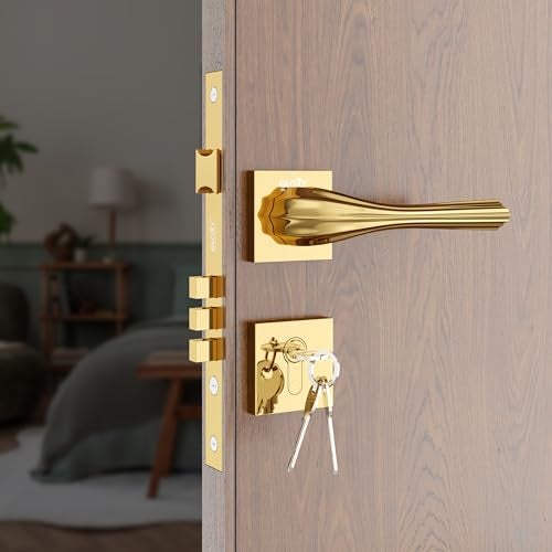 GLOXY Premium Zinc Gold Finish Mortise Lock Set for Main Door & Bedroom- Modern Door Lock Handle Set with 3 Brass Keys for Home, Office, Hotel - 2 Years Warranty - Image 1