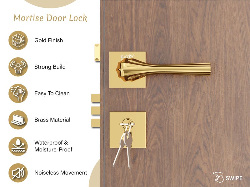 GLOXY Premium Zinc Gold Finish Mortise Lock Set for Main Door & Bedroom- Modern Door Lock Handle Set with 3 Brass Keys for Home, Office, Hotel - 2 Years Warranty - Image 3