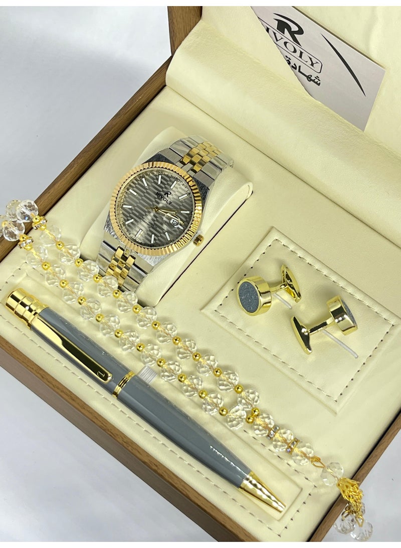 Men's 4-Piece Watch Set Gift Set (Watch with Pen, Cufflinks and Rosary)