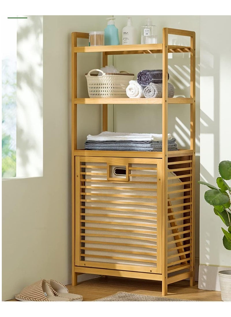 JOMILA - Bamboo Tilt-Out Laundry Hamper Cabinet, Bathroom Storage Cabinet with Basket, Shelves and Handles for Clothes, Bedroom - Image 1
