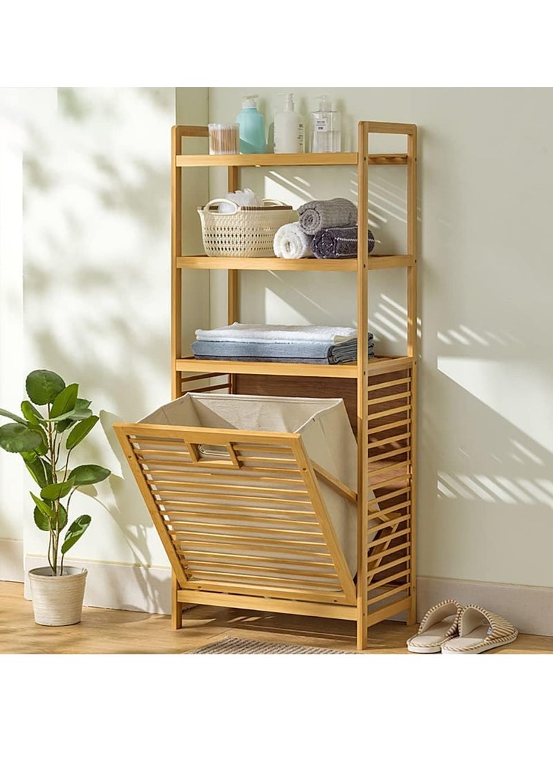 JOMILA - Bamboo Tilt-Out Laundry Hamper Cabinet, Bathroom Storage Cabinet with Basket, Shelves and Handles for Clothes, Bedroom - Image 1
