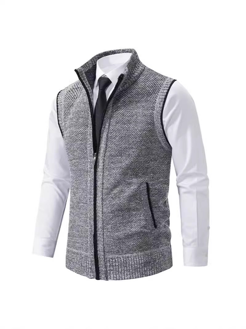 Knitted Sweater Vest Men'S Vertical Collar Sleeveless Sweater Waistcoat Thickened Fleece-Lined Coat Straight Hair - Image 2