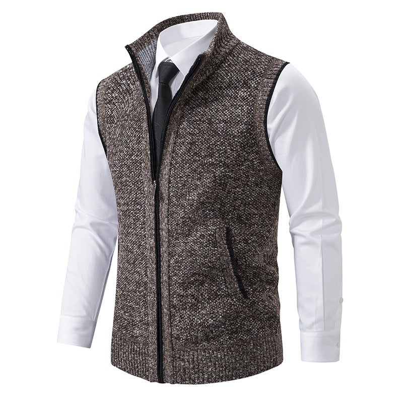 Knitted Sweater Vest Men'S Vertical Collar Sleeveless Sweater Waistcoat Thickened Fleece-Lined Coat Straight Hair - Image 1