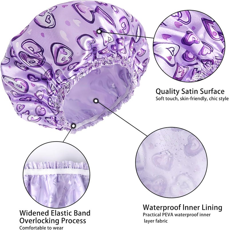 CHFONG 4 PCS Shower Cap for Women, Elastic and Reusable Bath Caps, Double Layers Shower Caps Reusable Waterproof, Bathing Shower Caps, Environmental Bath Hair Protection Cap - Heart - Image 5