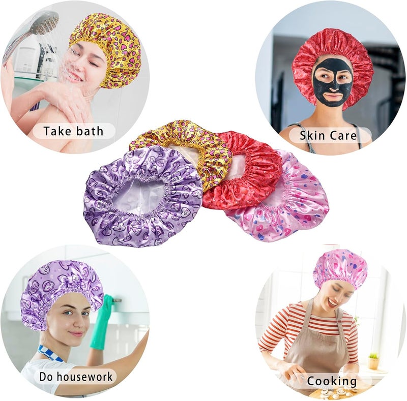 CHFONG 4 PCS Shower Cap for Women, Elastic and Reusable Bath Caps, Double Layers Shower Caps Reusable Waterproof, Bathing Shower Caps, Environmental Bath Hair Protection Cap - Heart - Image 4