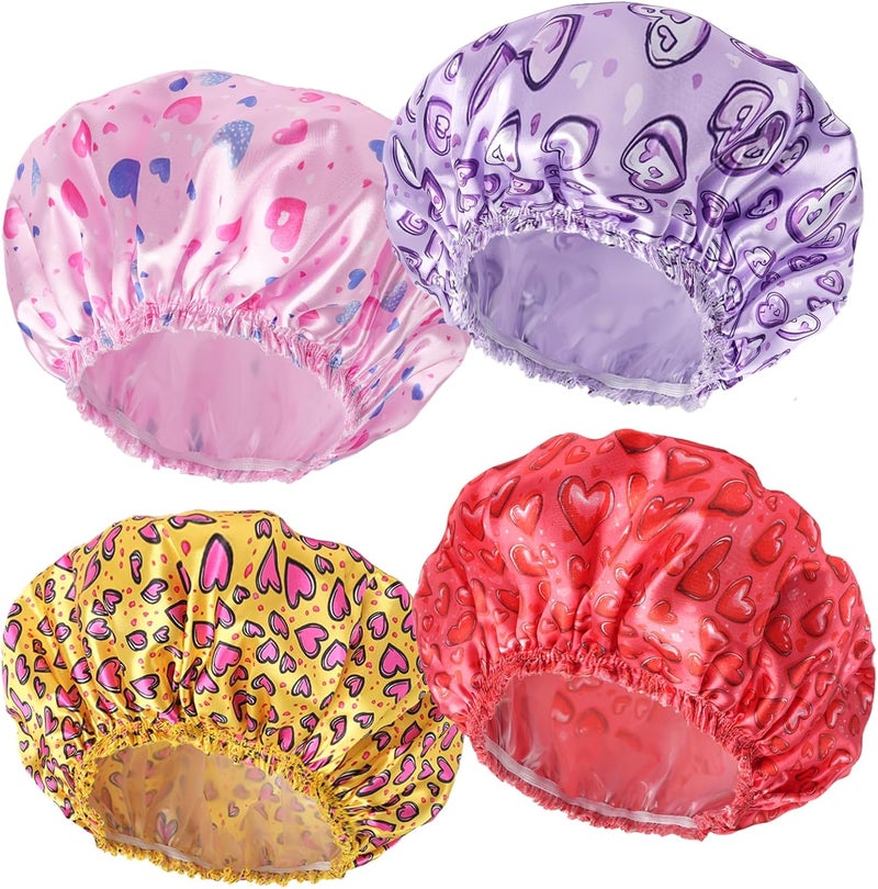 CHFONG 4 PCS Shower Cap for Women, Elastic and Reusable Bath Caps, Double Layers Shower Caps Reusable Waterproof, Bathing Shower Caps, Environmental Bath Hair Protection Cap - Heart - Image 1