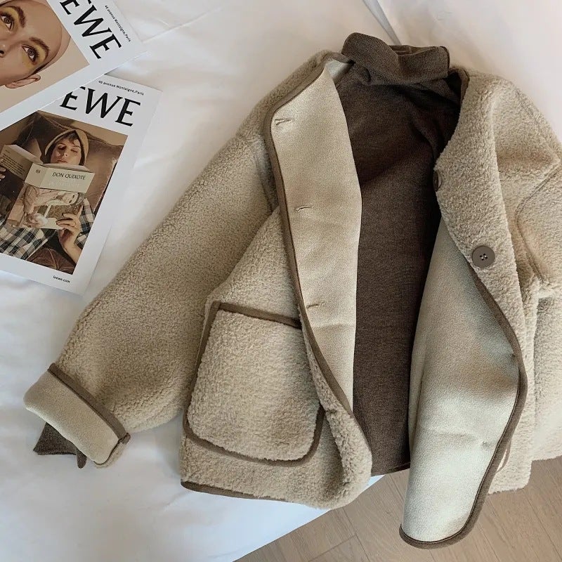 Khaki Round-Neck Sherpa Jacket Women Autumn 2023 Khaki - Image 1