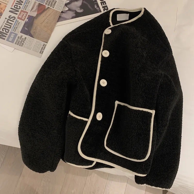 Khaki Round-Neck Sherpa Jacket Women Autumn 2023 Khaki - Image 4