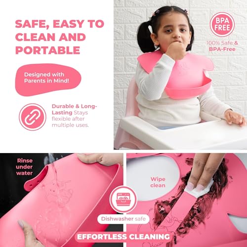 Tamy Premium Silicone Baby Bib – Waterproof bib with food catcher, adjustable, BPA free, soft & stain proof feeding bib for babies 1 to 2 years and above (Vibrant Pink) - Image 5