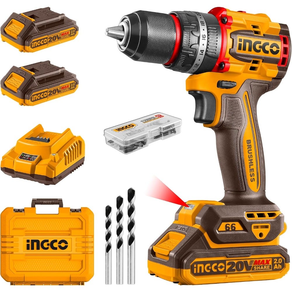 Cordless Impact Drill Machine, Brushless Motor, 66Nm, 22+1+1, 30000 Bpm, With 2 Pcs Battery and Charger, 47 Pcs Drill Bits, Multicolor