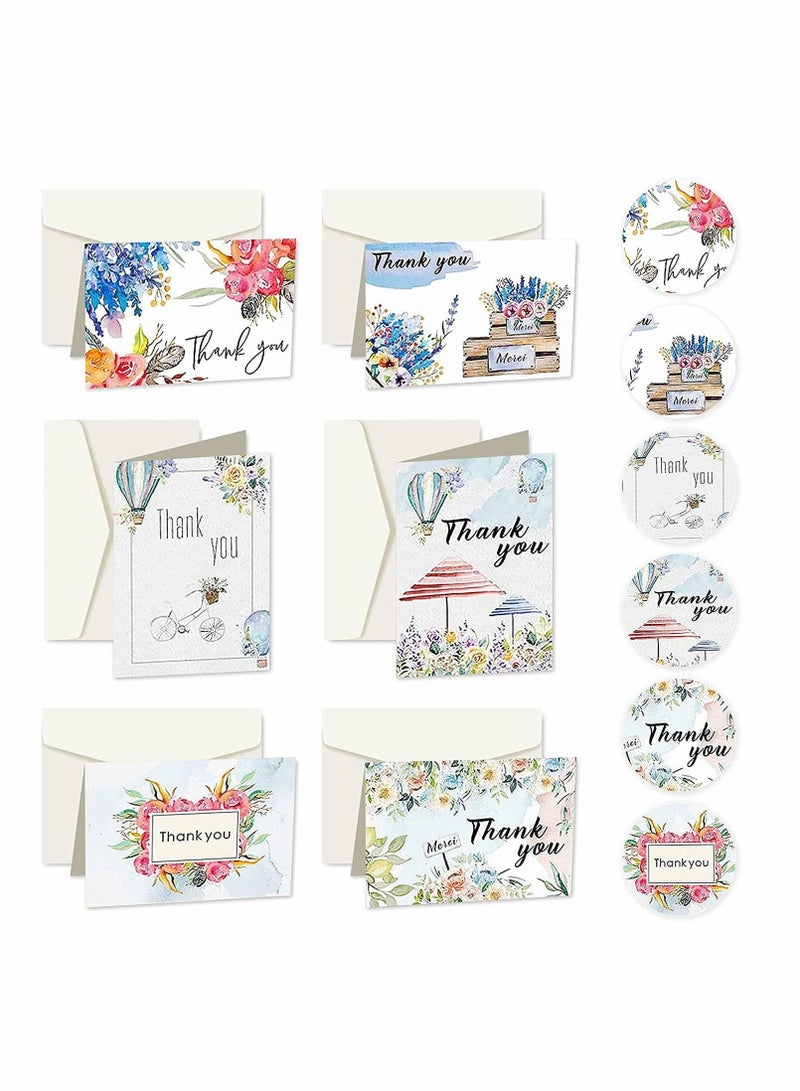 Generic Thank You Cards Pack of 24, Flower Designs Elegant Bulk Thank You Notes, Ink Painting Series Thank You Cards, Gratitude Cards with 24 Stickers and 24 Envelopes for All Occasions, 6 Styles - Image 1