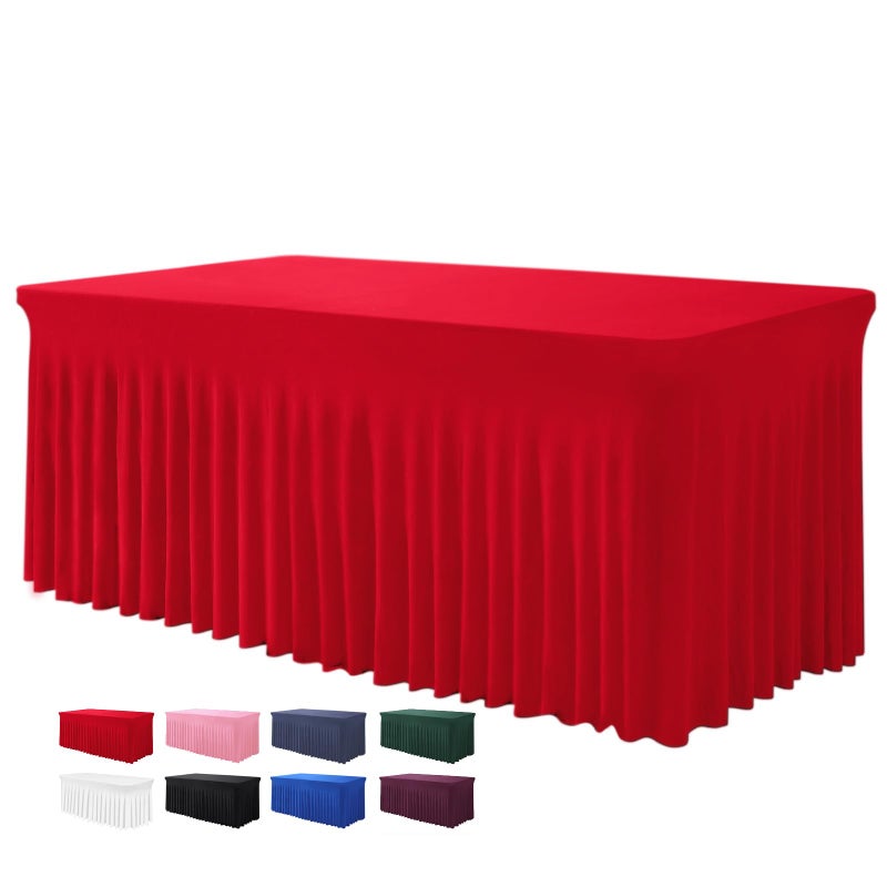 BDDC Table Skirts for Rectangle Tables 6ft - One-Piece Red Tablecloths and Skirt, Wrinkle Resistant Ruffles Elastic Cover for Banquets, Weddings, Events, Parties - Image 1