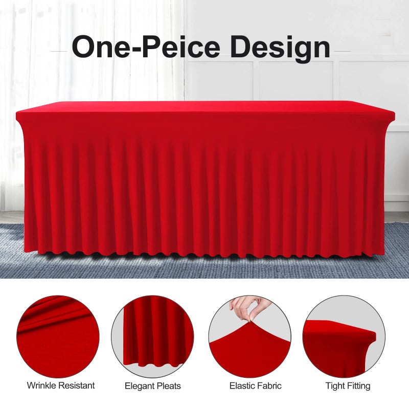 BDDC Table Skirts for Rectangle Tables 6ft - One-Piece Red Tablecloths and Skirt, Wrinkle Resistant Ruffles Elastic Cover for Banquets, Weddings, Events, Parties - Image 2