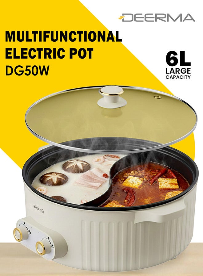 Deerma Non-Stick Portable Inner Liner Electric Cooking Pot,6L Large Capacity Multifunctional DoubleDesign Hot Pot with 2Level Adjustment Temperature Control, 2000W Electric Skillet, Frying Pan, Electric Saucepan, for Noodles, Egg, Steak, Oatmeal and Soup 6 L 2000 W DG50W Beige - Image 1
