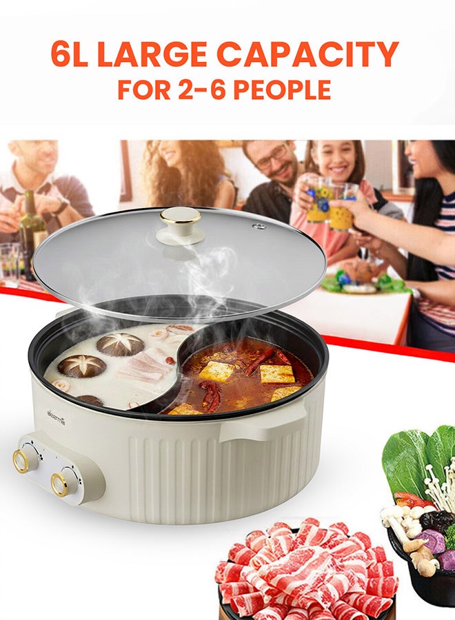 Deerma Non-Stick Portable Inner Liner Electric Cooking Pot,6L Large Capacity Multifunctional DoubleDesign Hot Pot with 2Level Adjustment Temperature Control, 2000W Electric Skillet, Frying Pan, Electric Saucepan, for Noodles, Egg, Steak, Oatmeal and Soup 6 L 2000 W DG50W Beige - Image 4
