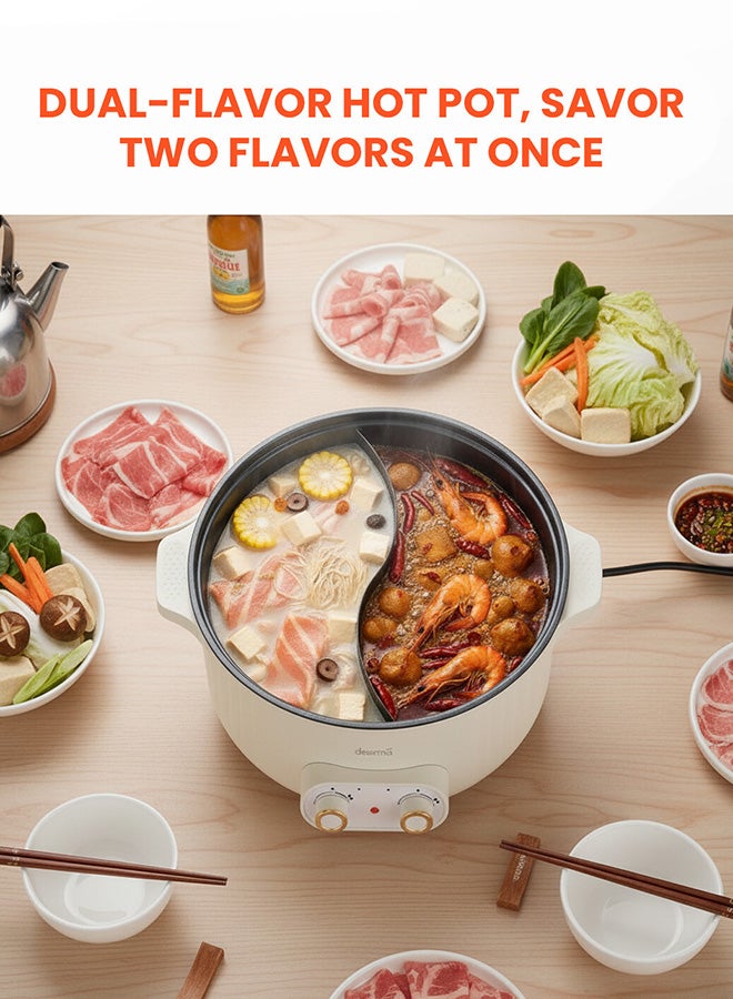 Deerma Non-Stick Portable Inner Liner Electric Cooking Pot,6L Large Capacity Multifunctional DoubleDesign Hot Pot with 2Level Adjustment Temperature Control, 2000W Electric Skillet, Frying Pan, Electric Saucepan, for Noodles, Egg, Steak, Oatmeal and Soup 6 L 2000 W DG50W Beige - Image 3