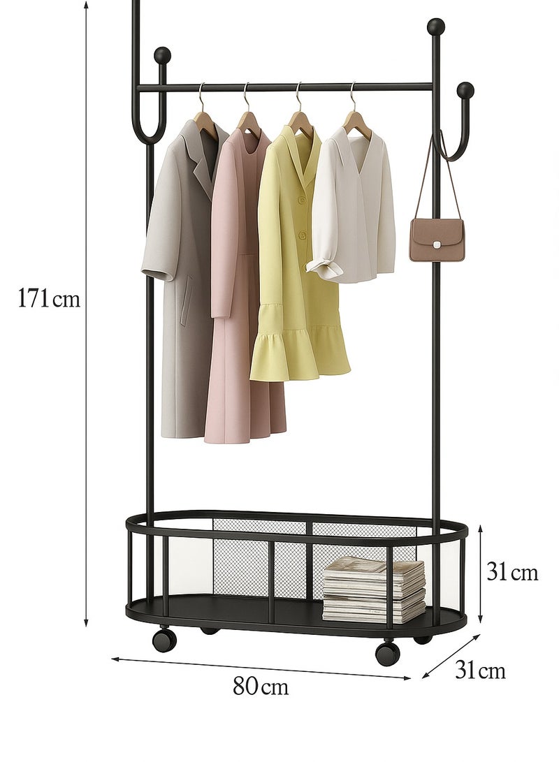 Living Modern Black Metal Clothes Rack with Hooks and Mesh Storage Basket on Wheels for Bedroom and Entryway - 171x80 cm 