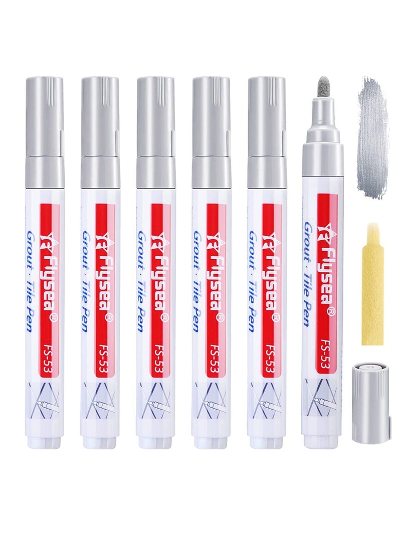 6 Pieces Tile Pen Wall Grout Restorer Pen Repair Marker Grout Filler Pen for Restoring Tile Grout Wall Floor Bathrooms and Kitchen Silver - Image 1