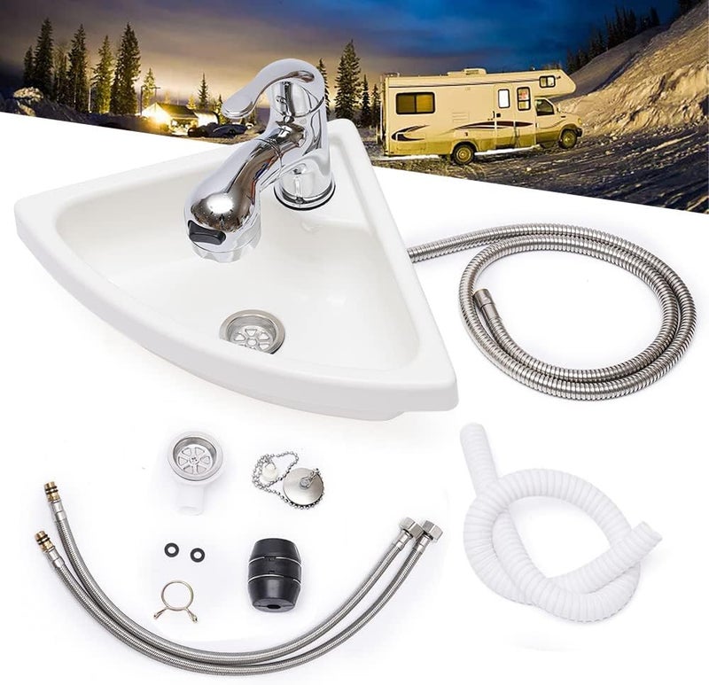 Bulelula 11"x11" Wall-Mounted Single Bowl Sink Triangle Hand Wash Basin with Full Set Corner Sink Small White Basin Acrylic Sink for Kitchen Bathroom RV Caravan Camper Boat Bar - Image 1