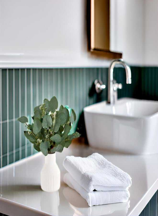 داهي أغصان أوكالبتوس اصطناعية من داهي في مزهرية سيراميك صغيرة، قطعة مركزية لتزيين الطاولة، ديكور ريفي عصري، نباتات أوكالبتوس صناعية مع مزهرية للحمام والمطبخ ورفوف غرفة المعيشة، ديكور منزلي، أبيض - Image 3