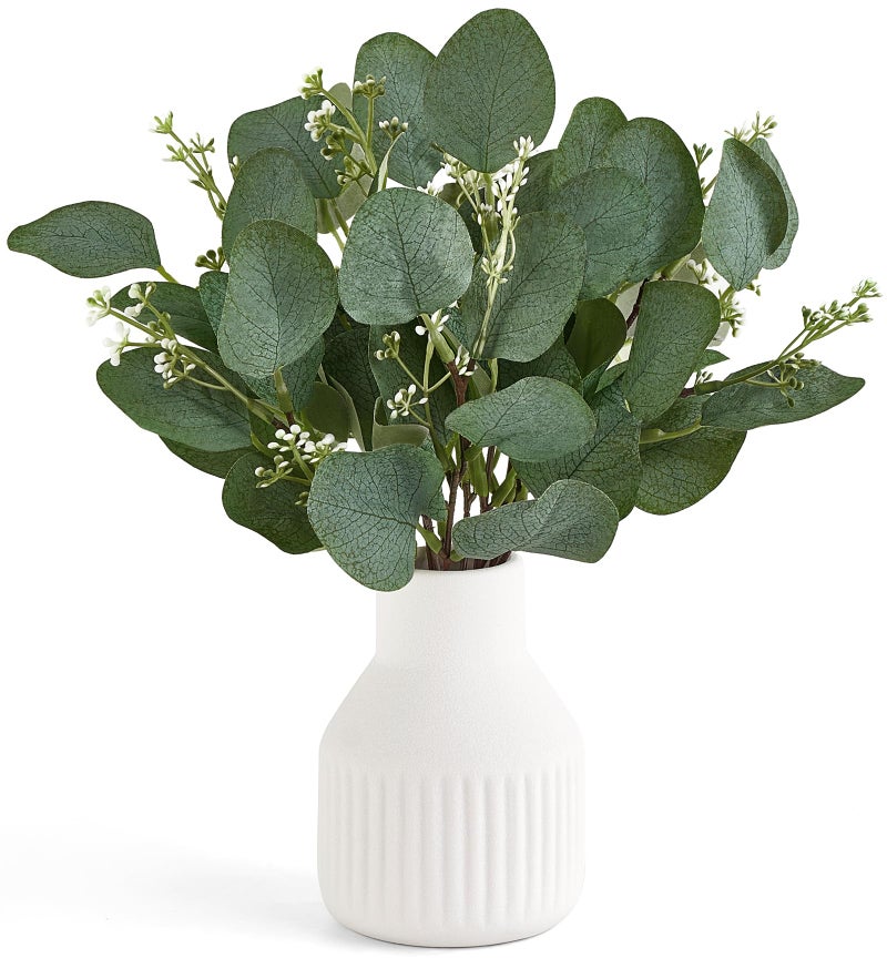 داهي أغصان أوكالبتوس اصطناعية من داهي في مزهرية سيراميك صغيرة، قطعة مركزية لتزيين الطاولة، ديكور ريفي عصري، نباتات أوكالبتوس صناعية مع مزهرية للحمام والمطبخ ورفوف غرفة المعيشة، ديكور منزلي، أبيض - Image 1