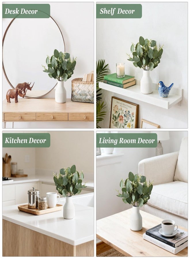 داهي أغصان أوكالبتوس اصطناعية من داهي في مزهرية سيراميك صغيرة، قطعة مركزية لتزيين الطاولة، ديكور ريفي عصري، نباتات أوكالبتوس صناعية مع مزهرية للحمام والمطبخ ورفوف غرفة المعيشة، ديكور منزلي، أبيض - Image 4