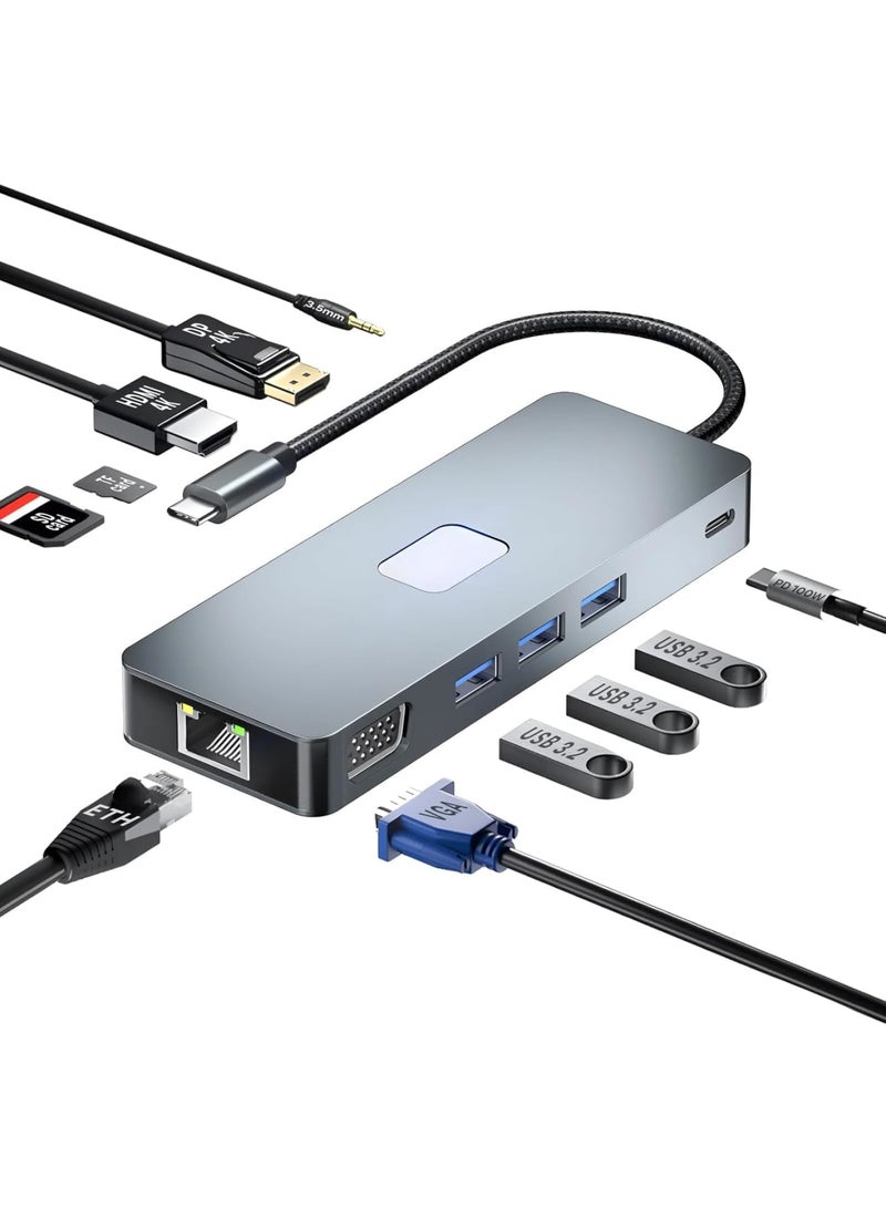 Zikra 11 in 1 Laptop Docking Station Dual Monitor, 3.2 Gen 2(10Gbps) USB C Hub, 100W PD, 4K@60Hz HDMI, USB C Docking Station,1080P VGA, 1000Mbps LAN, USB Hub for Laptop/MacBook/Surface/Tablet PC - Image 1