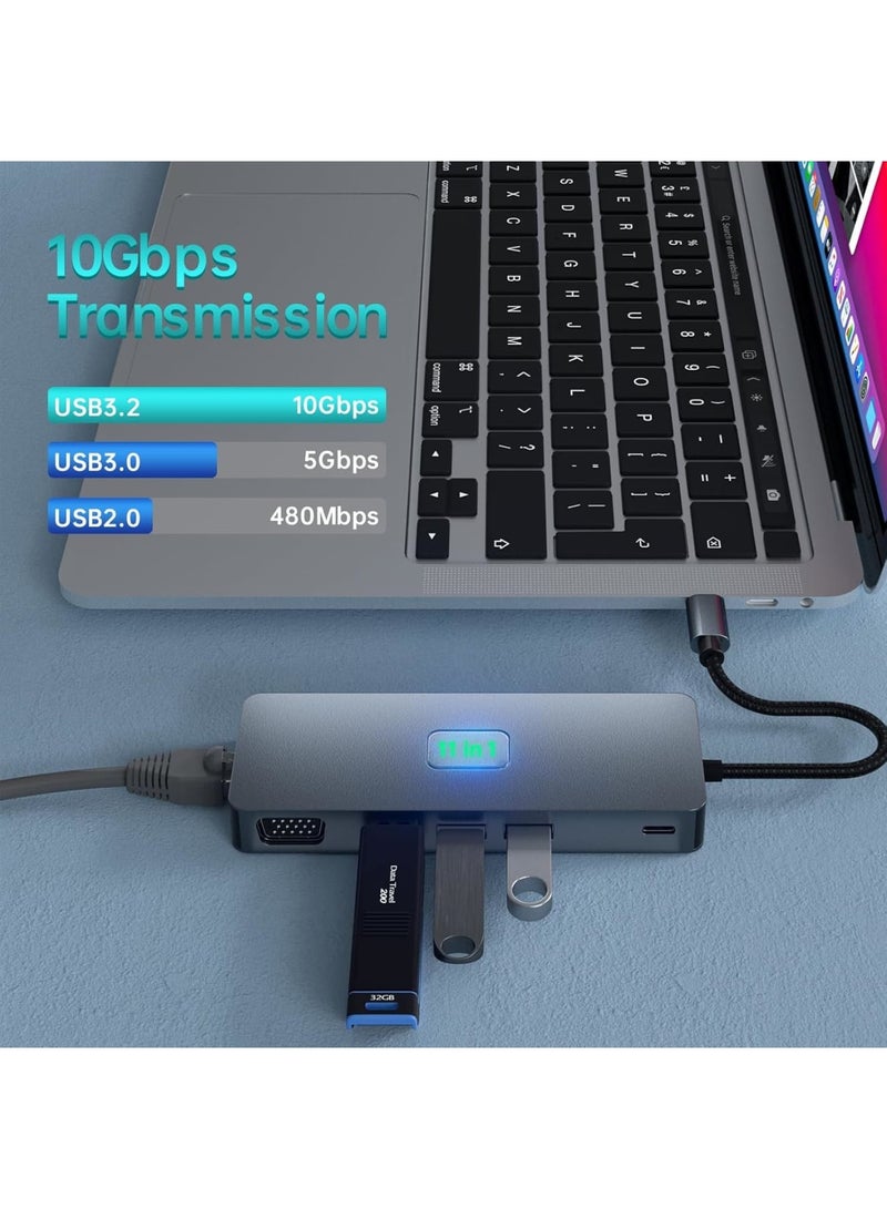 Zikra 11 in 1 Laptop Docking Station Dual Monitor, 3.2 Gen 2(10Gbps) USB C Hub, 100W PD, 4K@60Hz HDMI, USB C Docking Station,1080P VGA, 1000Mbps LAN, USB Hub for Laptop/MacBook/Surface/Tablet PC - Image 4