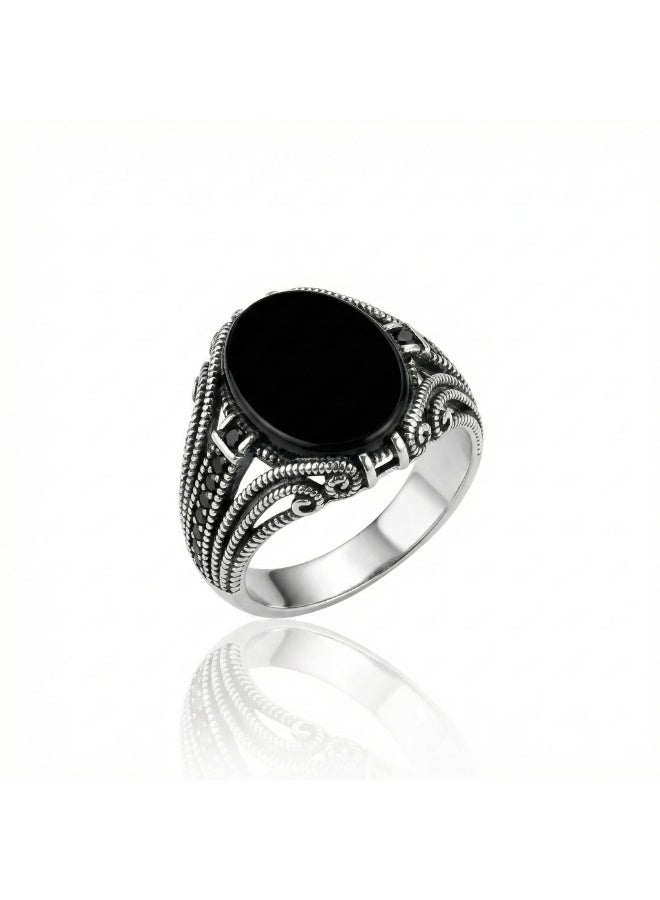 FINE SILVER 925 Sterling Silver Men's Vintage Signet Ring with Oval Black Onyx and Filigree Design - Image 1