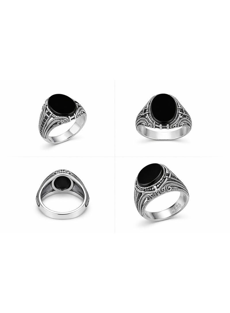 FINE SILVER 925 Sterling Silver Men's Vintage Signet Ring with Oval Black Onyx and Filigree Design - Image 3