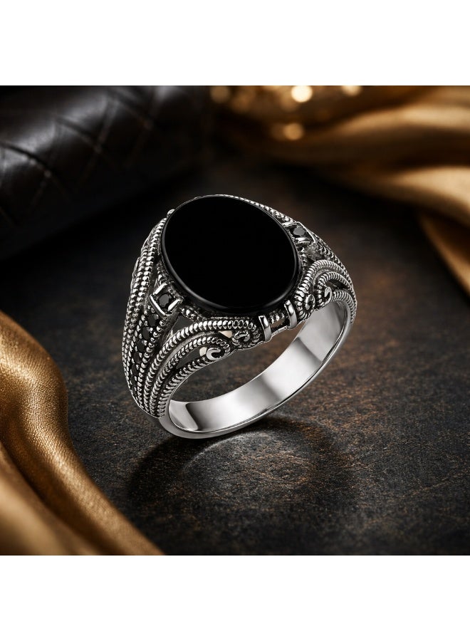 FINE SILVER 925 Sterling Silver Men's Vintage Signet Ring with Oval Black Onyx and Filigree Design - Image 2